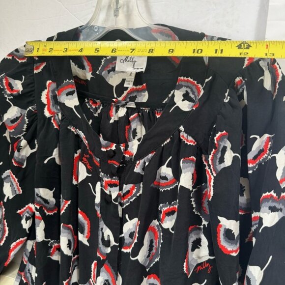 Milly Silk Floral Poppy Puff Sleeves Logo Print Button Top Blouse Oversize Shirt - Picture 13 of 15